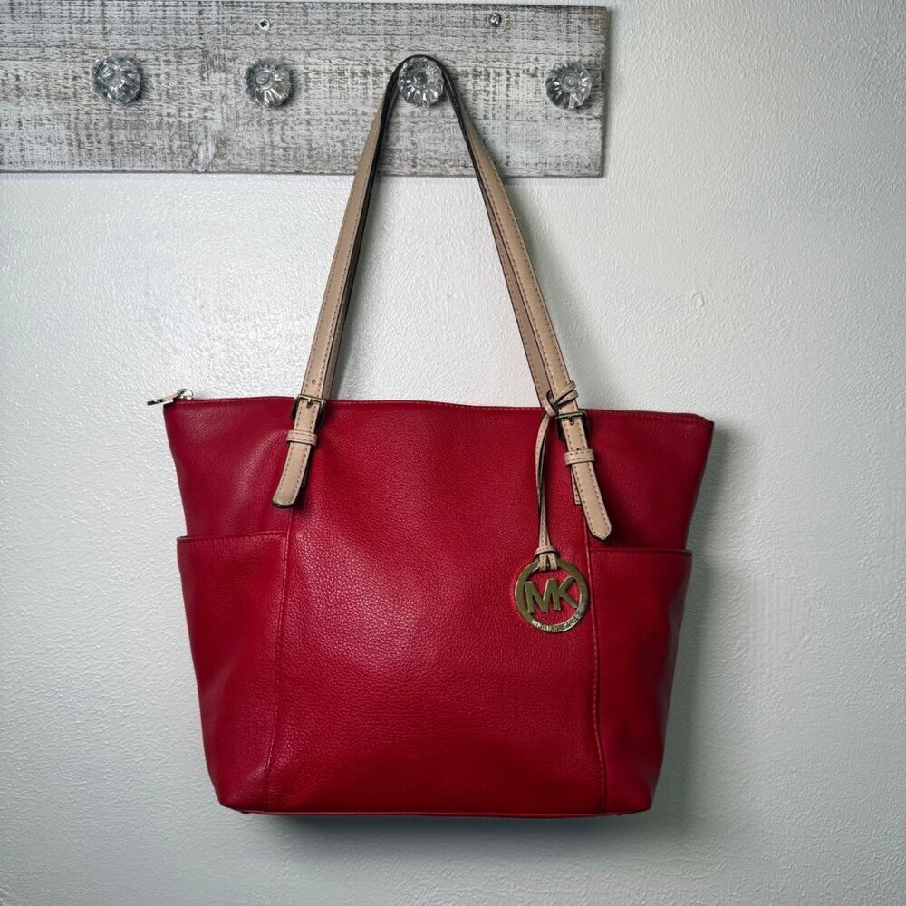 Michael Kors Red Leather Tote Bag Beige Handles Gold MK Charm Timeless Work